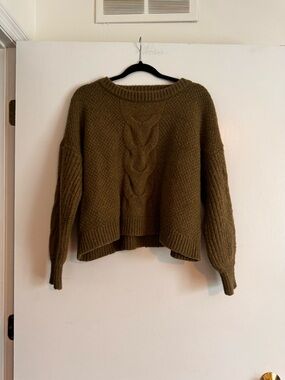 J. Crew Olive Green Cable-Front Crewneck Sweater